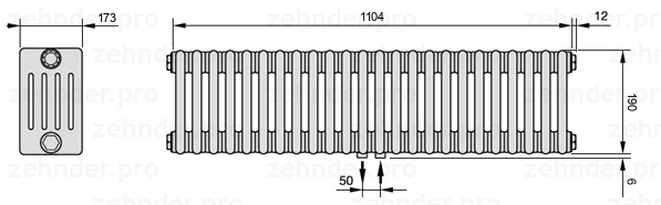 Схема (чертеж) Радиатор Zehnder Charleston 5019/24 №5410 Белый глянцевый RAL 9016